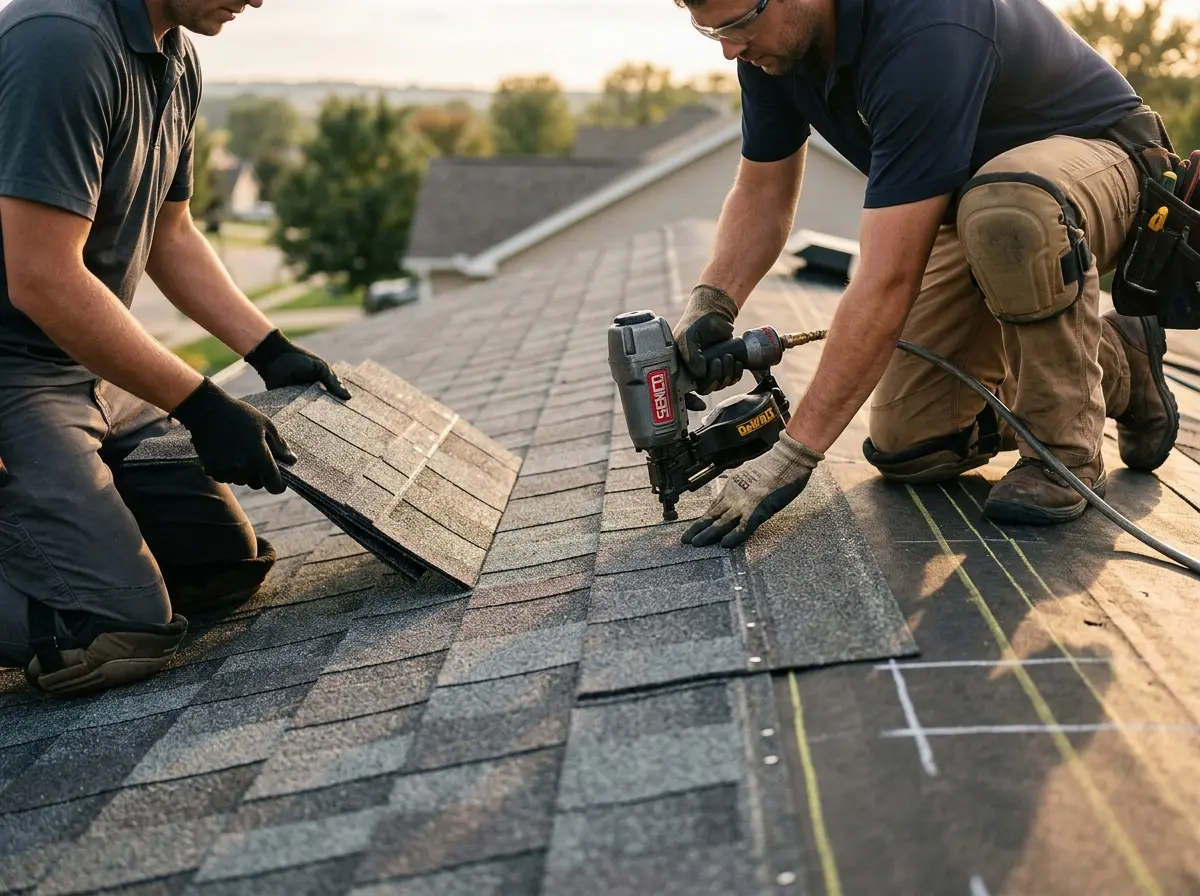 Professional roofer working on a residential roof in Demarest